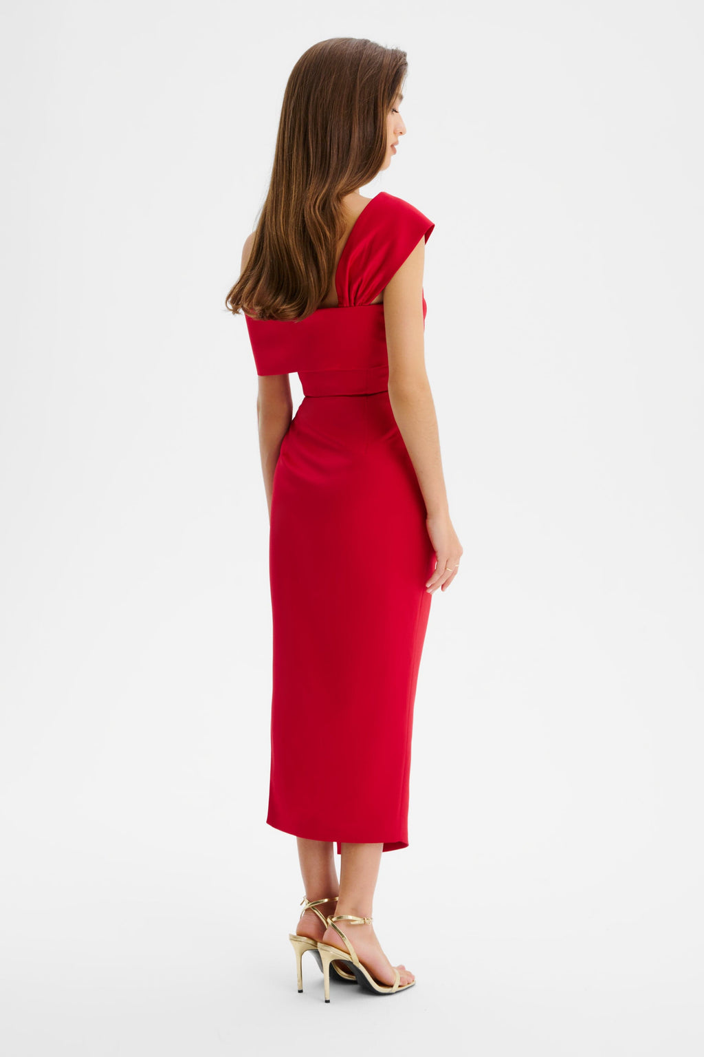 RUBIE One Shoulder Satin Midi Dress In Red Position 5