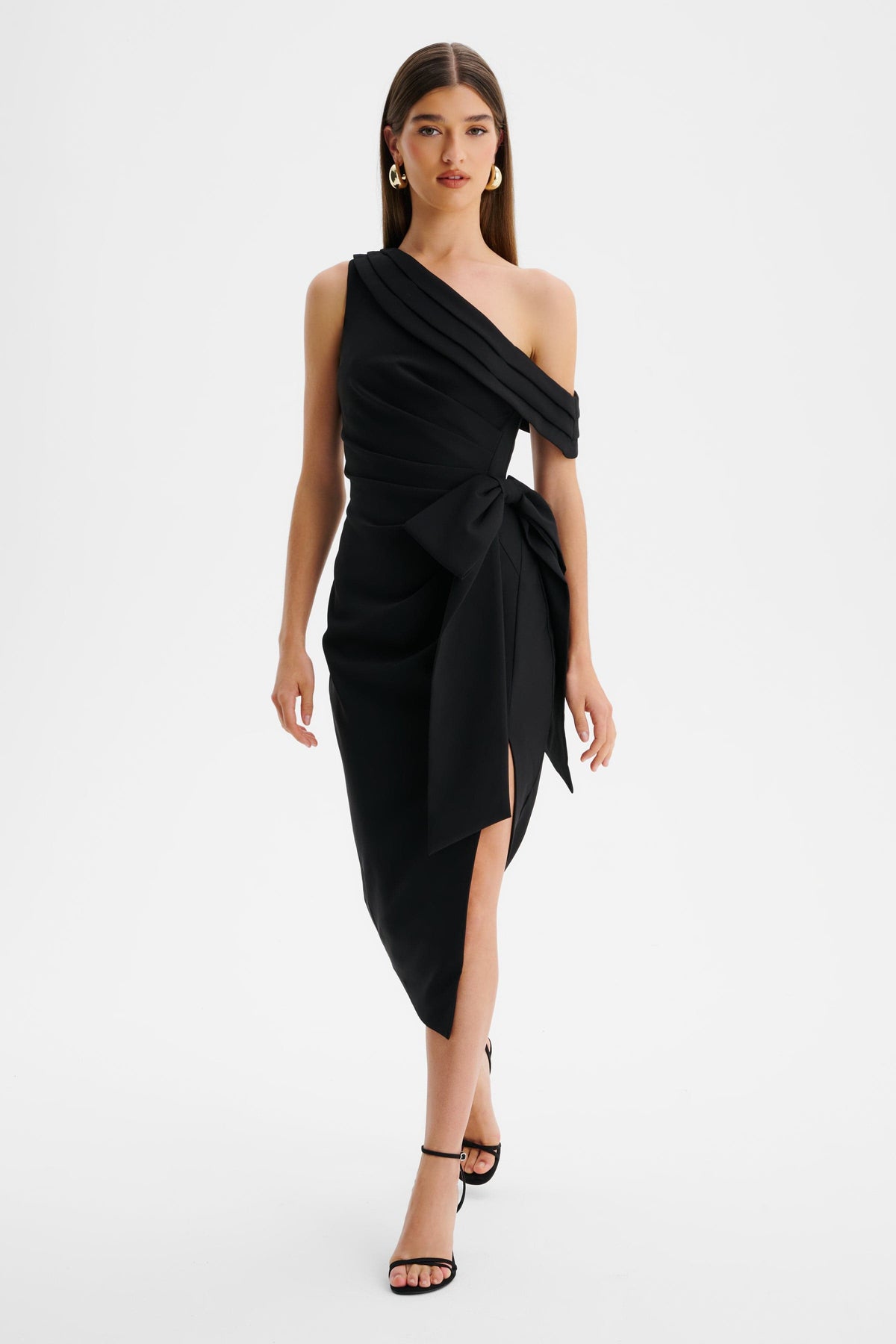 HONEY Asymmetric Midi Dress in Black Position 1