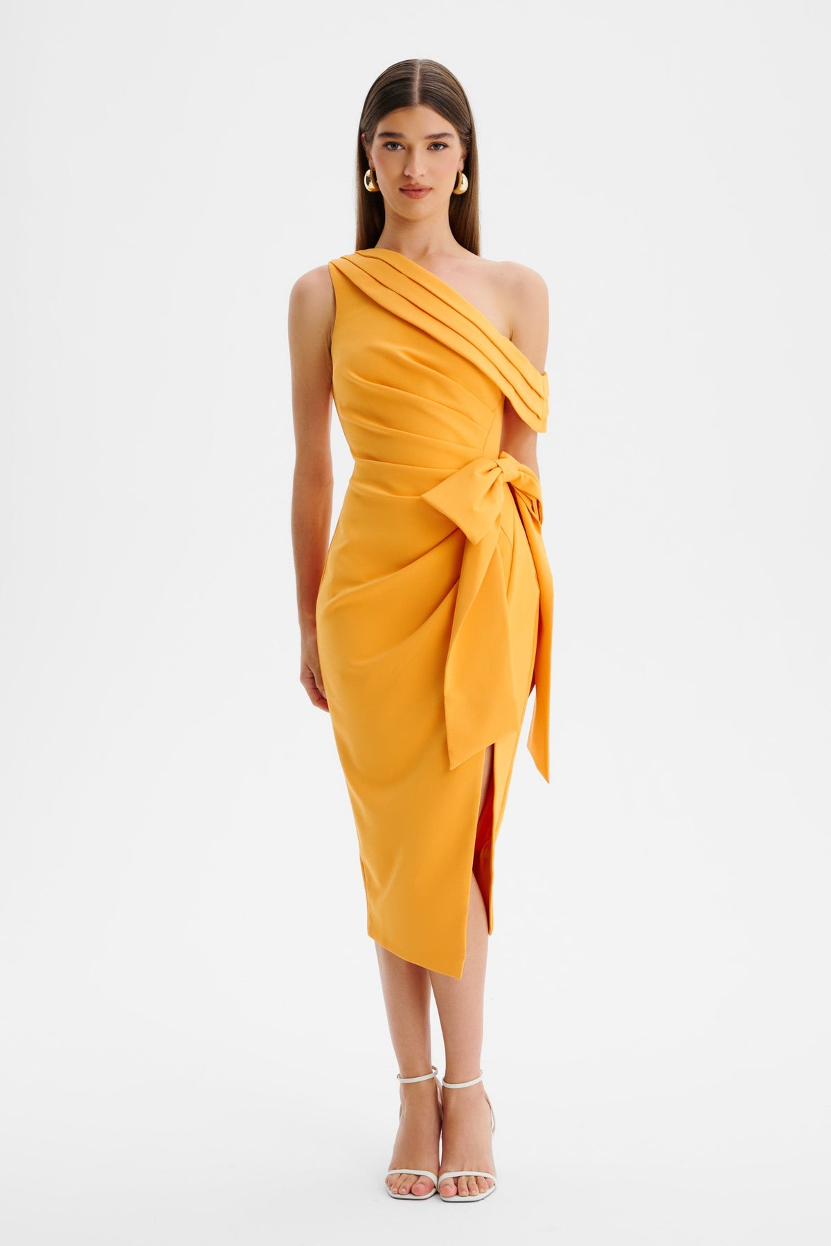 HONEY Asymmetric Midi Dress in Orange Position 1