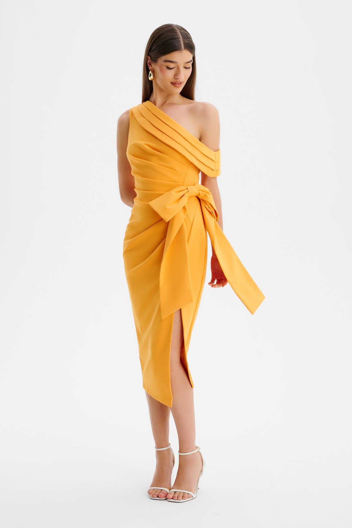 HONEY Asymmetric Midi Dress in Orange Position 3