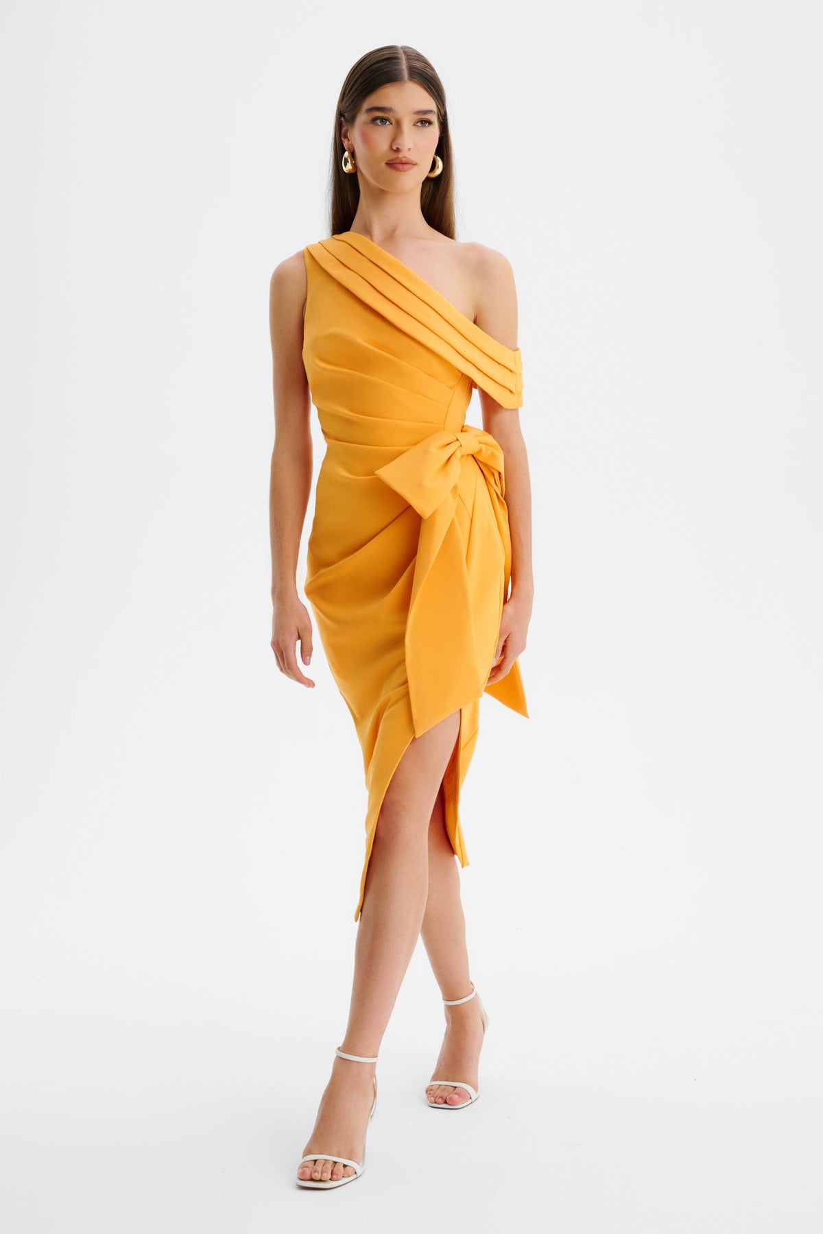 HONEY Asymmetric Midi Dress in Orange Position 2