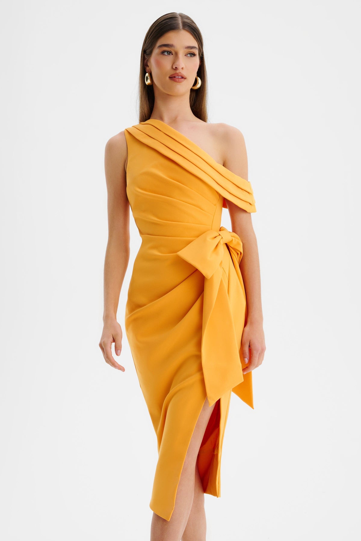 HONEY Asymmetric Midi Dress in Orange Position 4