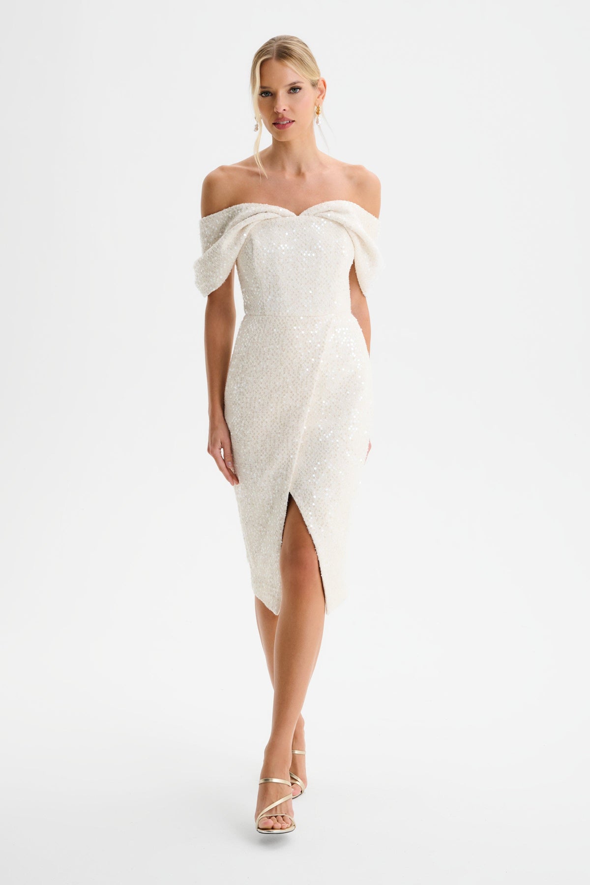 HARLEEN Sequin Boucle Midi Dress in Beige Position 3