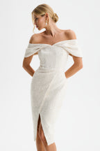 HARLEEN Sequin Boucle Midi Dress in Beige Position 4