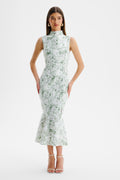 SAFFRON High Neck Midi Dress in White & Green Position 1