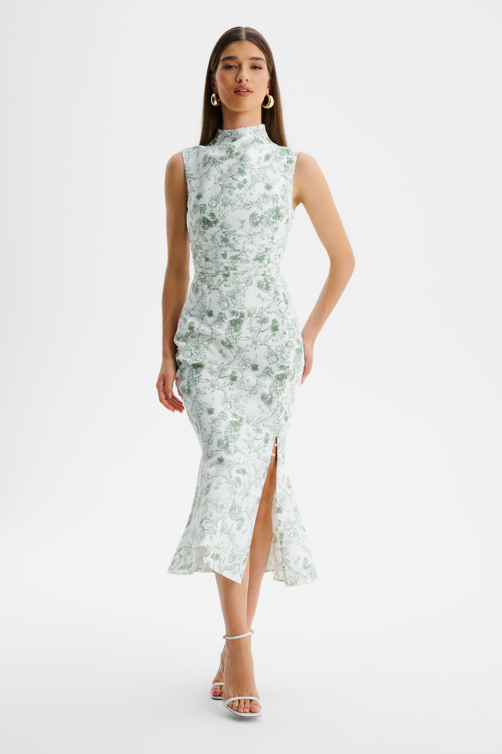 SAFFRON High Neck Midi Dress in White & Green Position 4