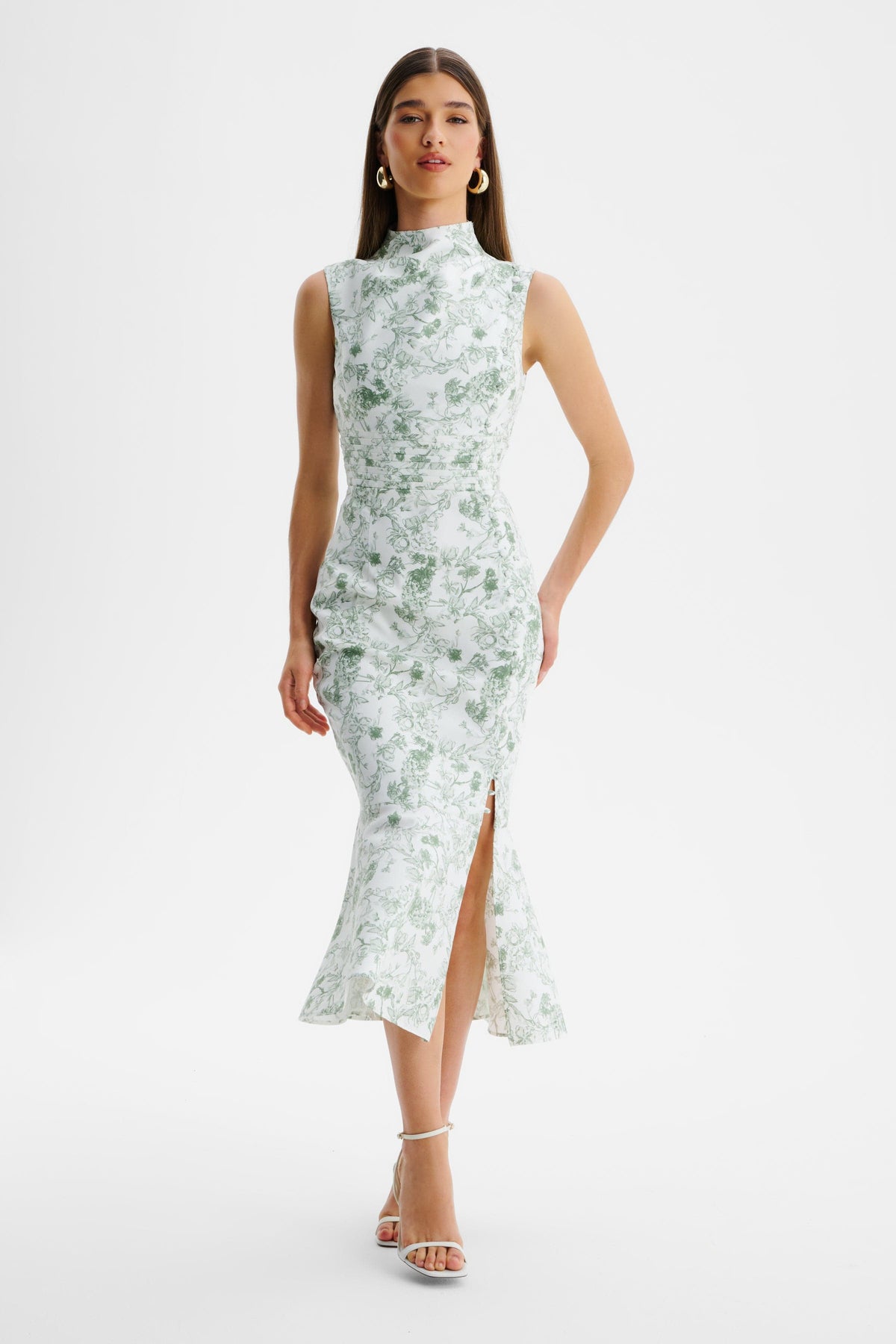 SAFFRON High Neck Midi Dress in White & Green Position 4