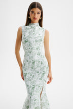 SAFFRON High Neck Midi Dress in White & Green Position 3