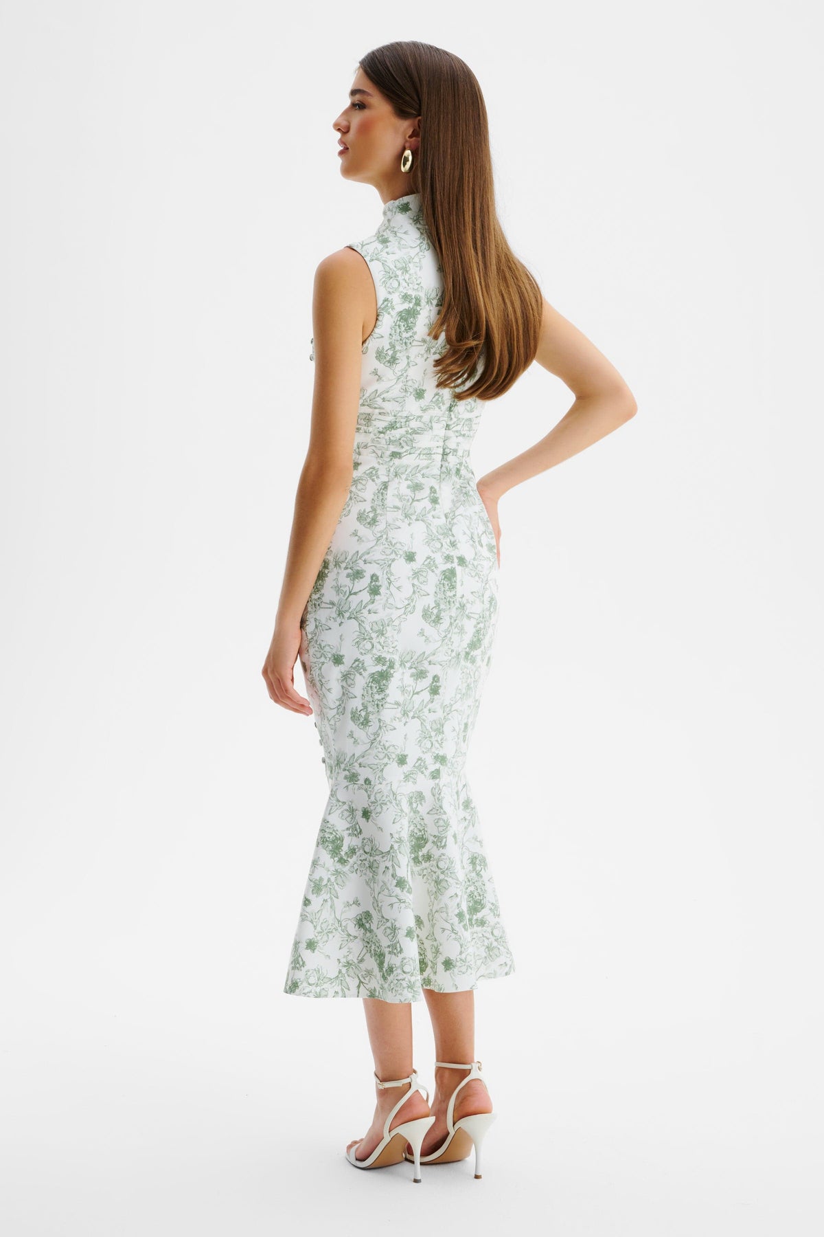 SAFFRON High Neck Midi Dress in White & Green Position 5