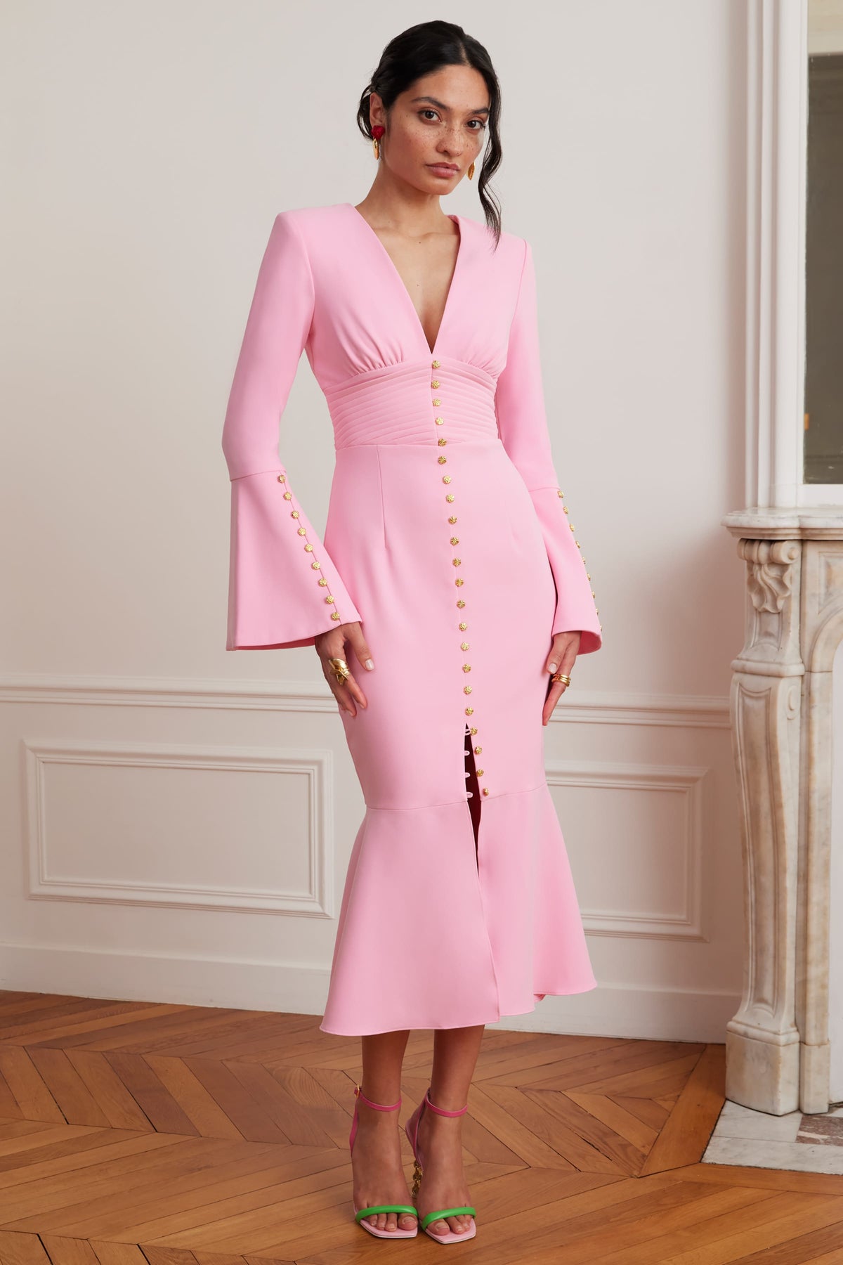 SALMA Fluted Sleeve Midi Dress in Pink Position 1