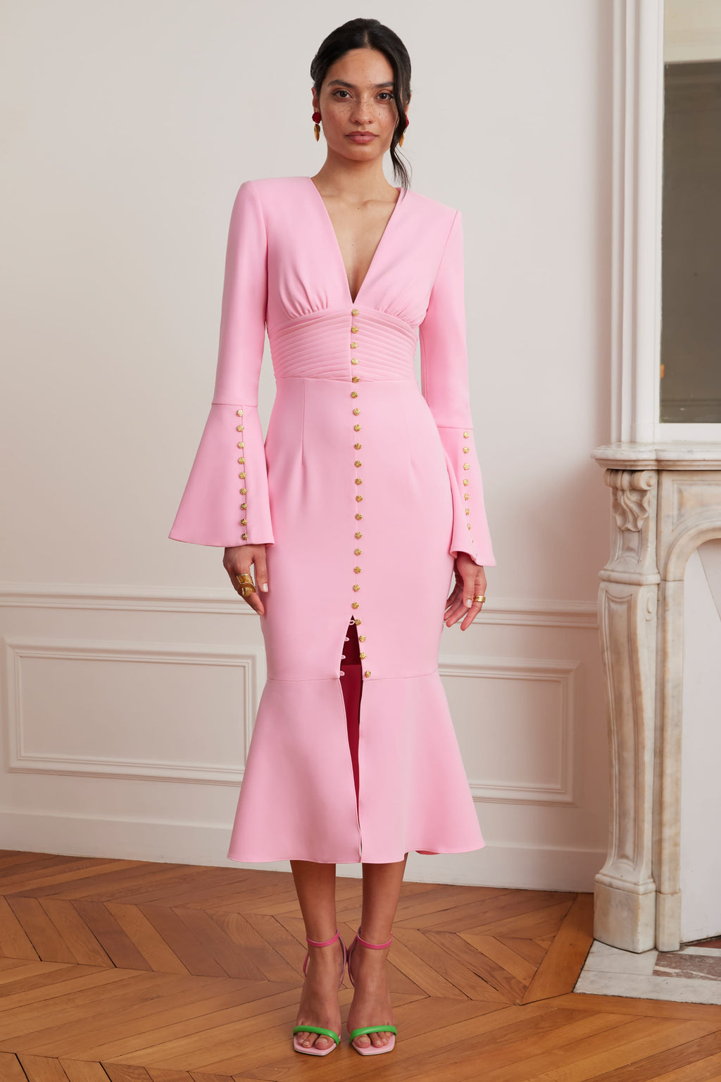 SALMA Fluted Sleeve Midi Dress in Pink Position 4