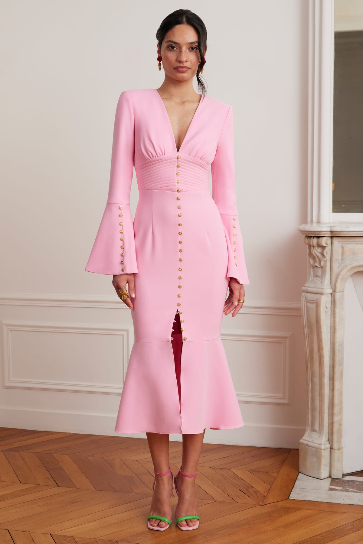 SALMA Fluted Sleeve Midi Dress in Pink Position 4