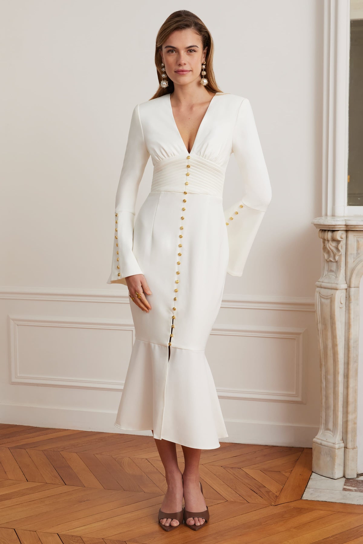 SALMA V Neck Midi Dress in White Position 1