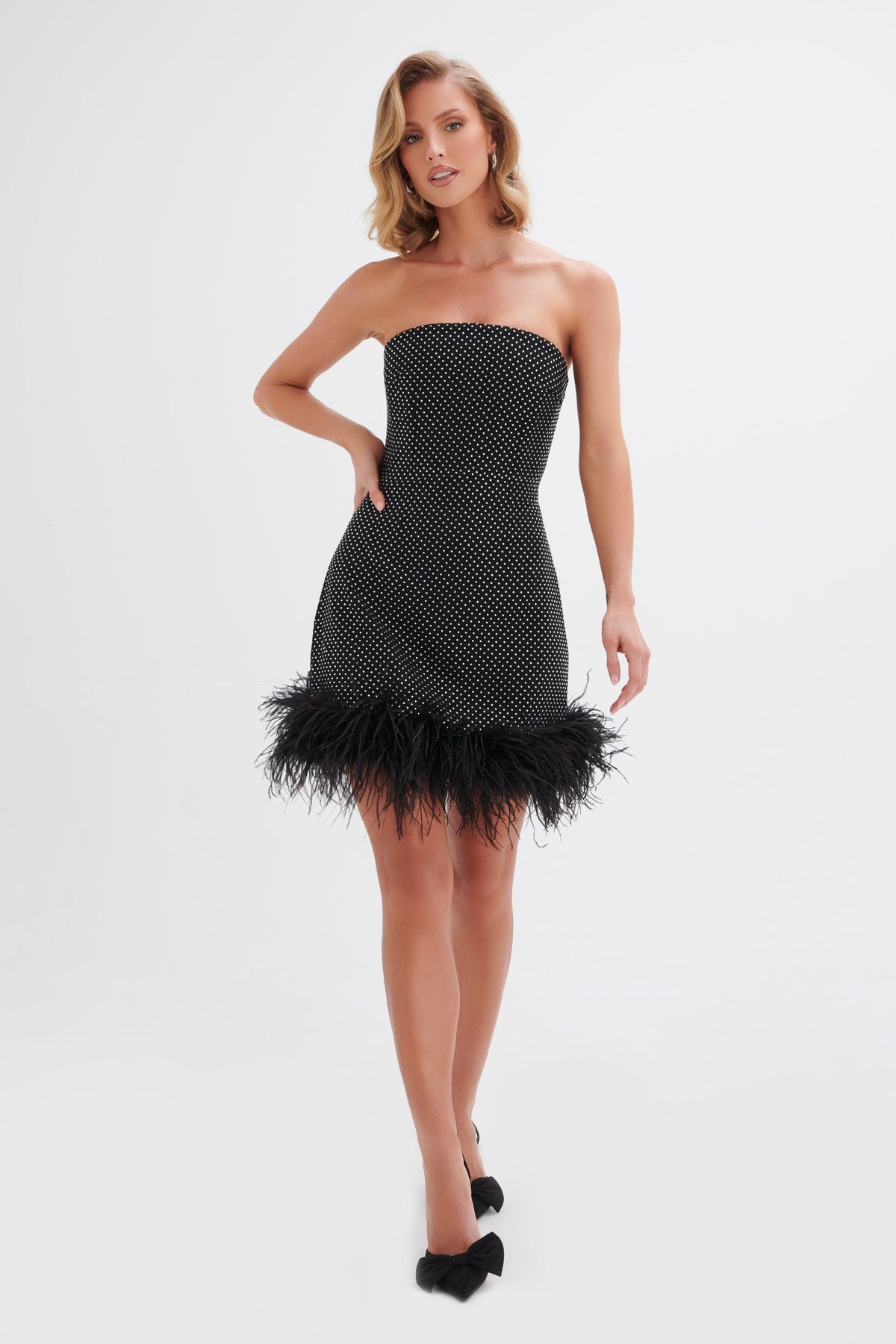 CHLOE Embellished Feather Trim Mini Dress in Black Position 1