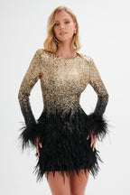 BRIANNA Sequin & Feather Mini Dress in Black Position 1