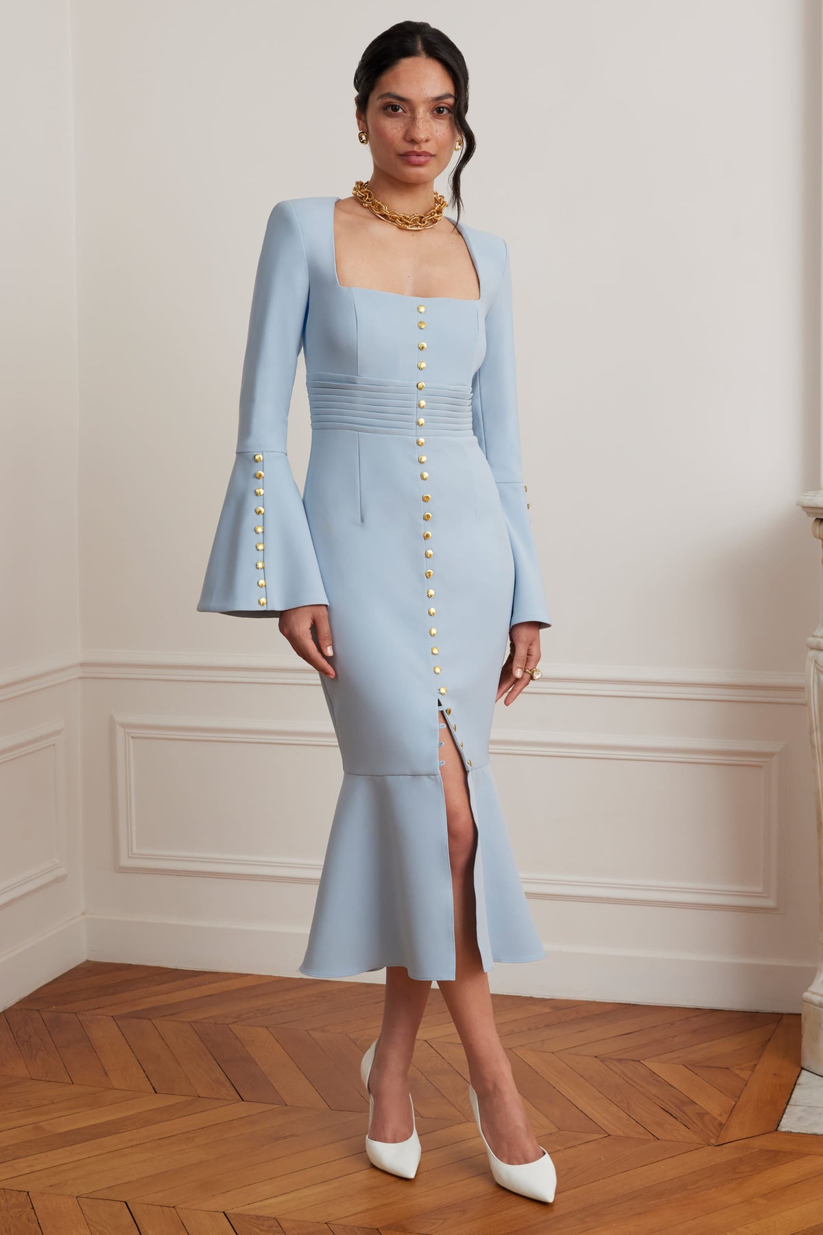 SERENA Square Neck Midi Dress in Light Blue Position 1