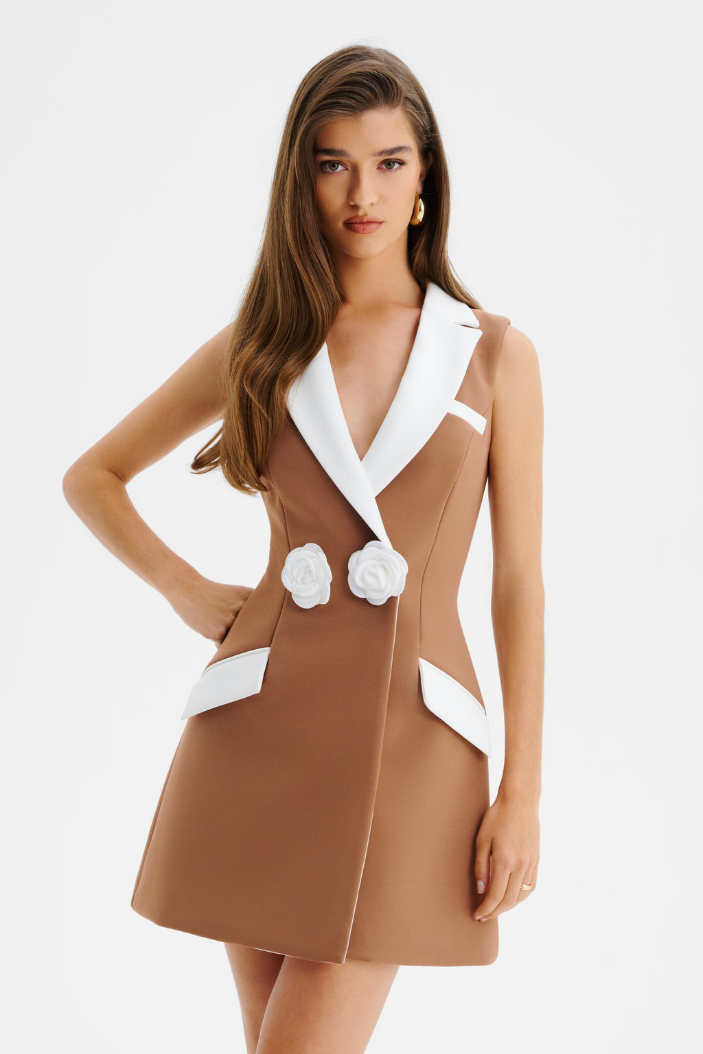AMARA V Neck Mini Dress in Brown & White Position 1