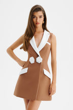 AMARA V Neck Mini Dress in Brown & White Position 1