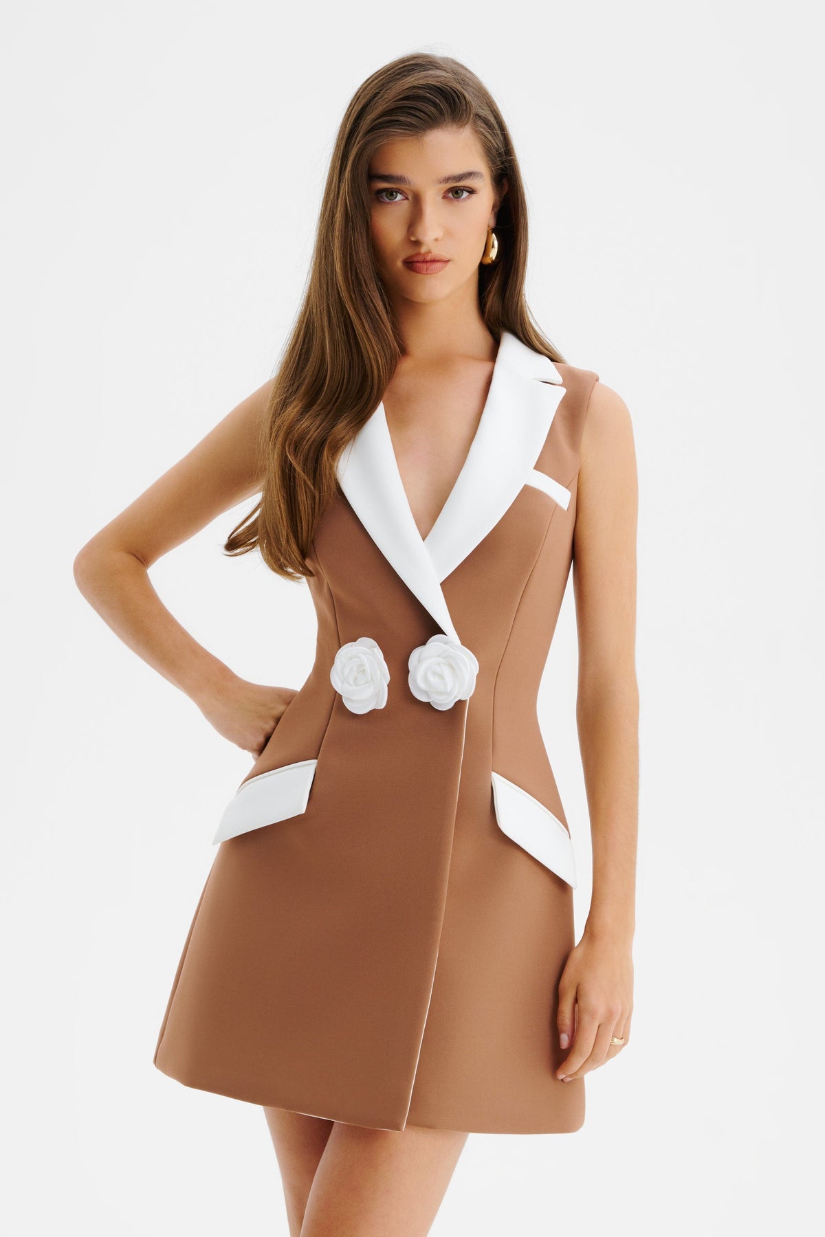 AMARA V Neck Mini Dress in Brown & White Position 1