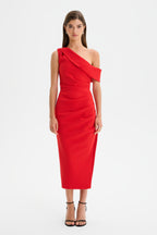 LINA Asymmetric Midi Dress in Red Position 1