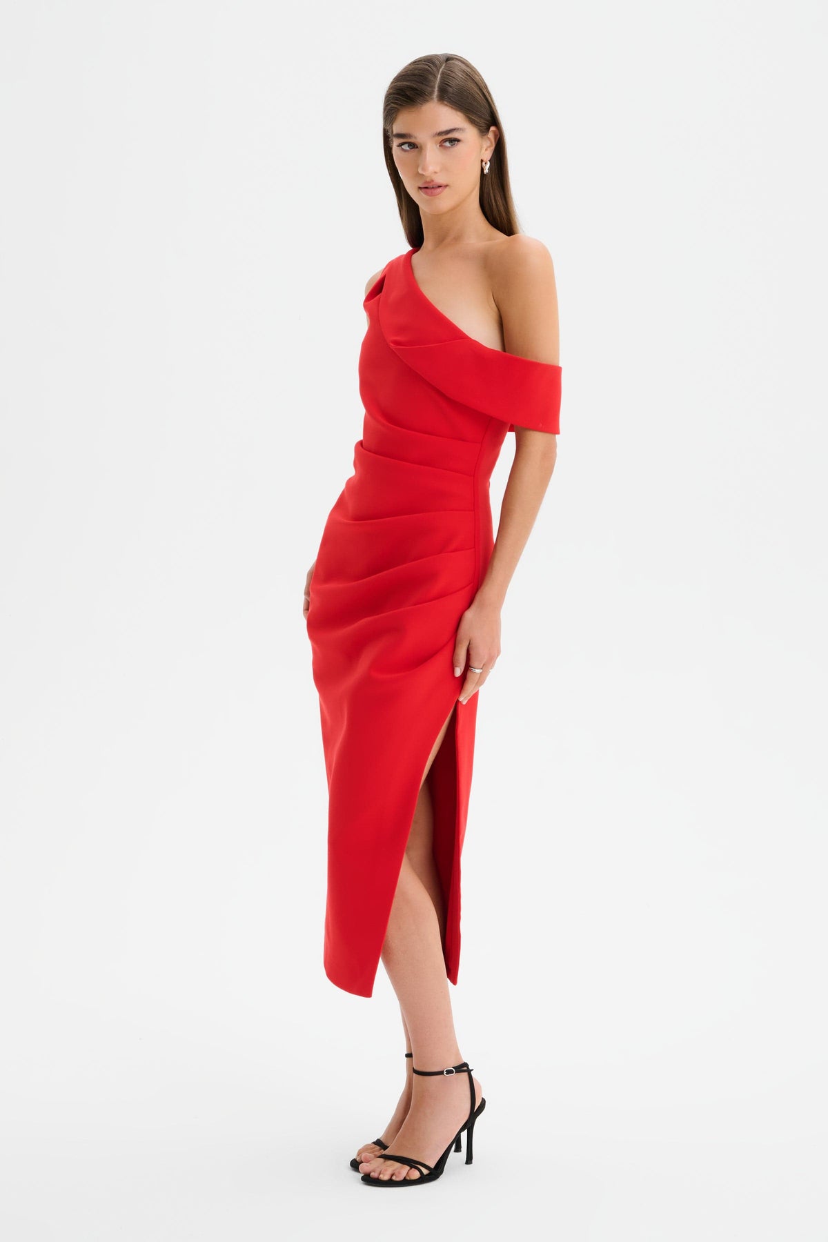 LINA Asymmetric Midi Dress in Red Position 2