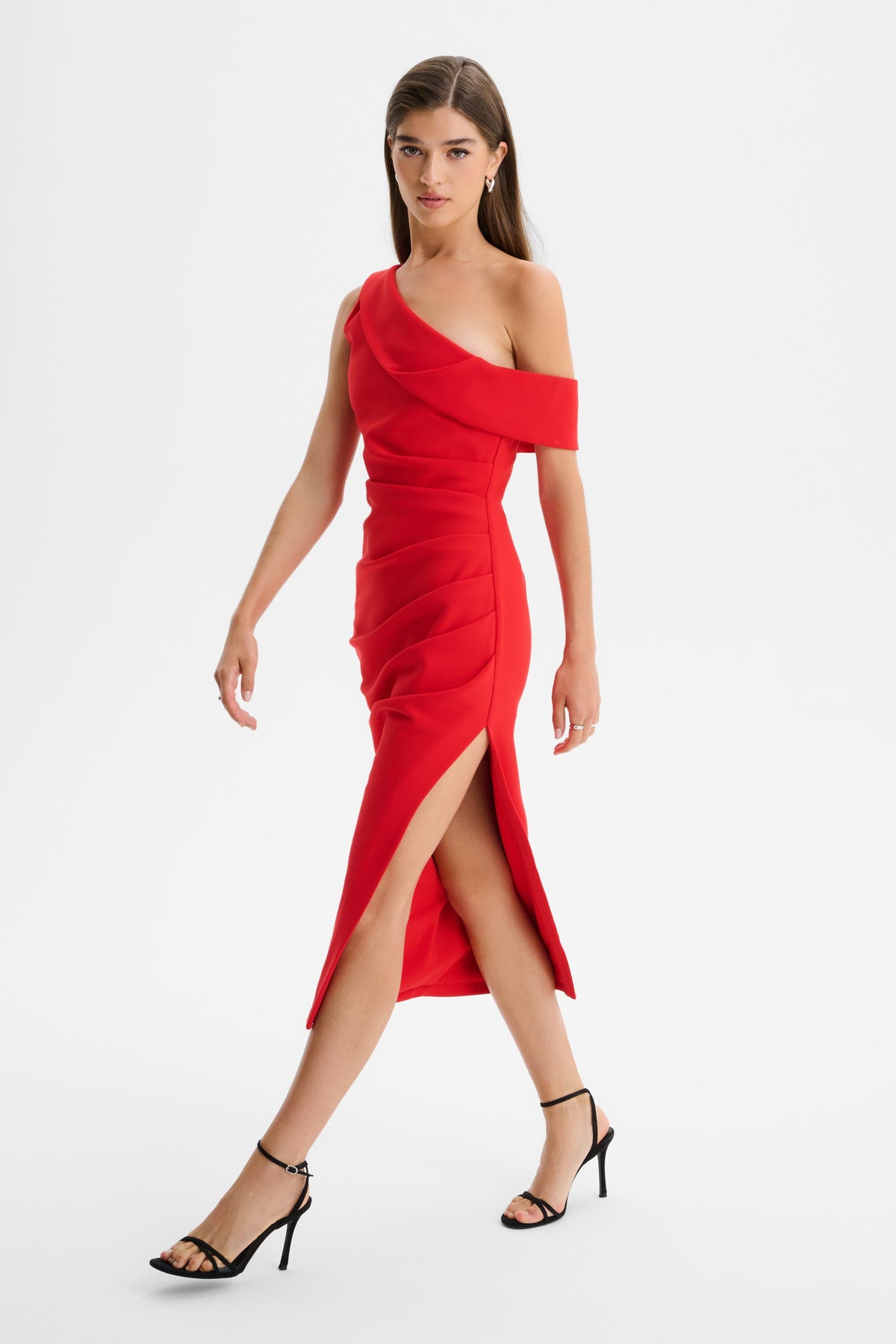 LINA Asymmetric Midi Dress in Red Position 3