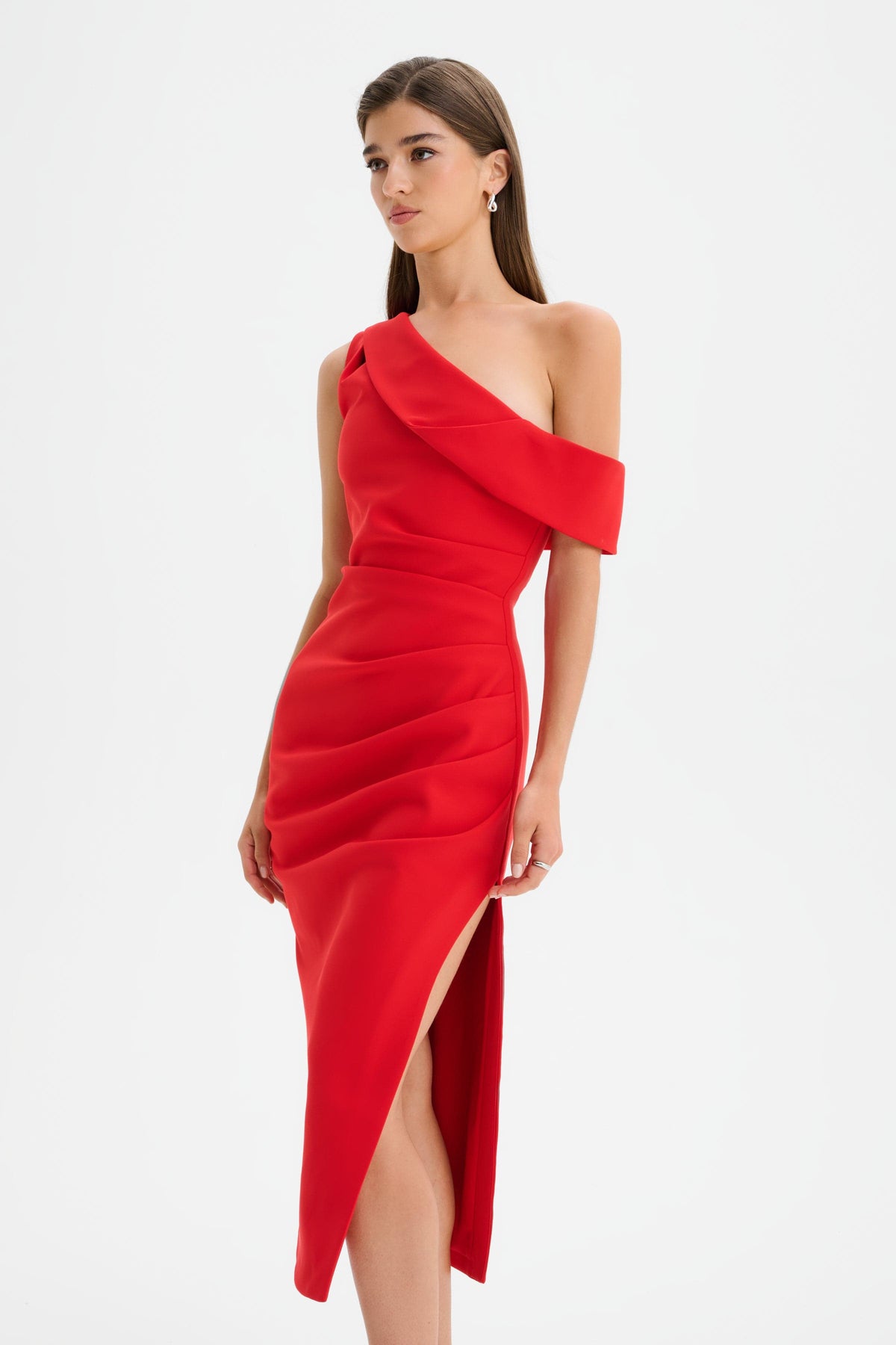 LINA Asymmetric Midi Dress in Red Position 4