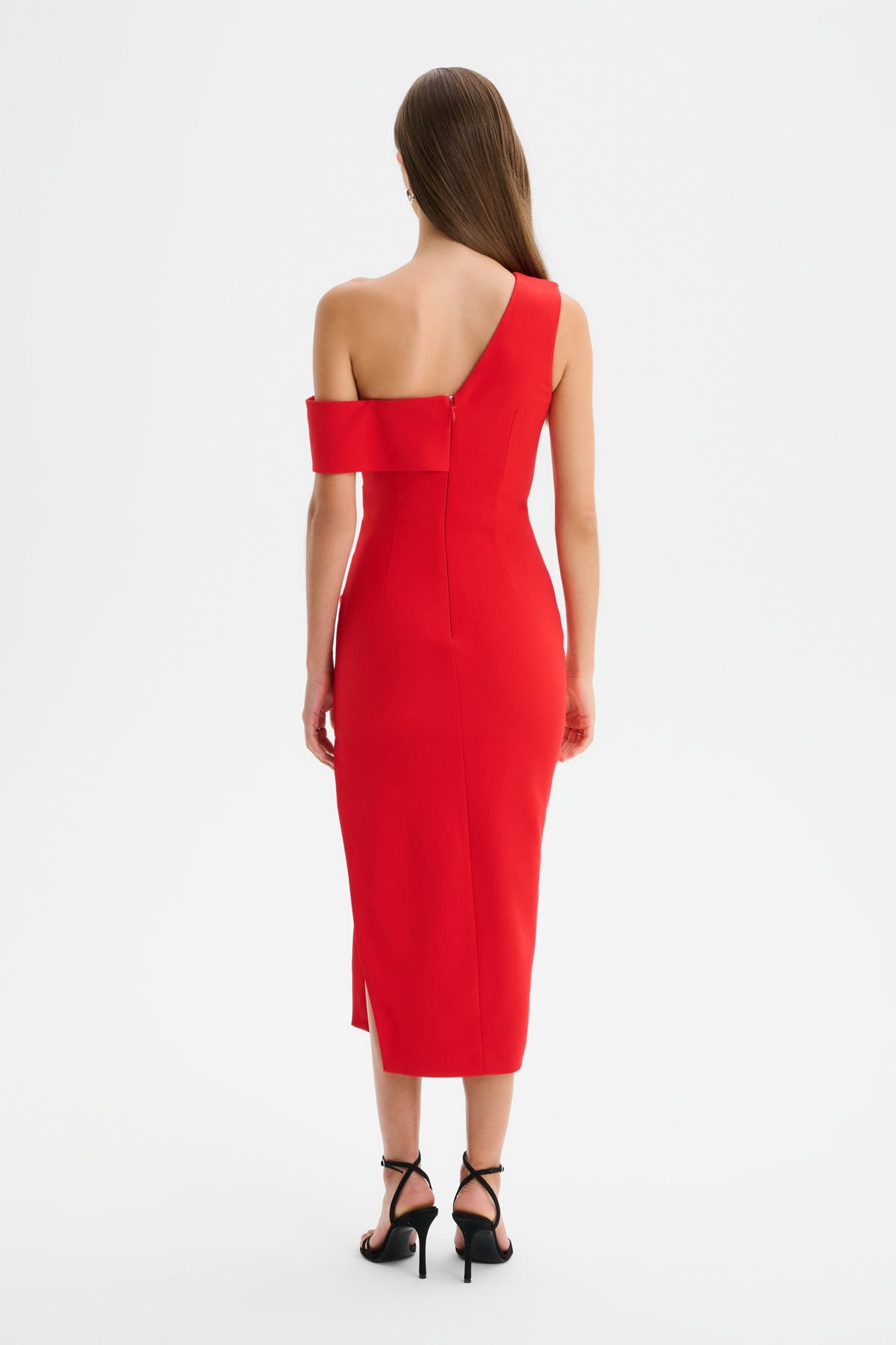 LINA Asymmetric Midi Dress in Red Position 6