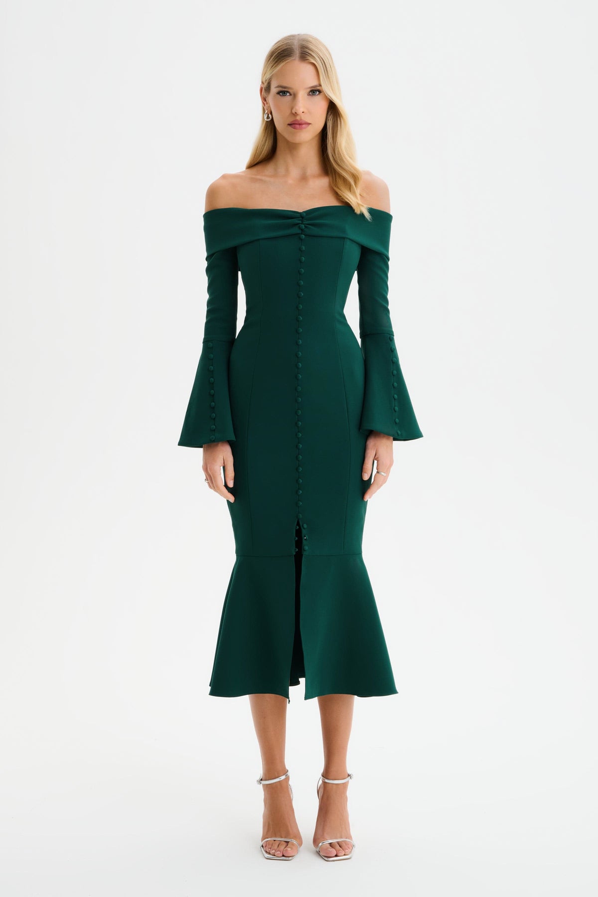 CIARA Bardot Midi Dress in Emerald Green Position 2