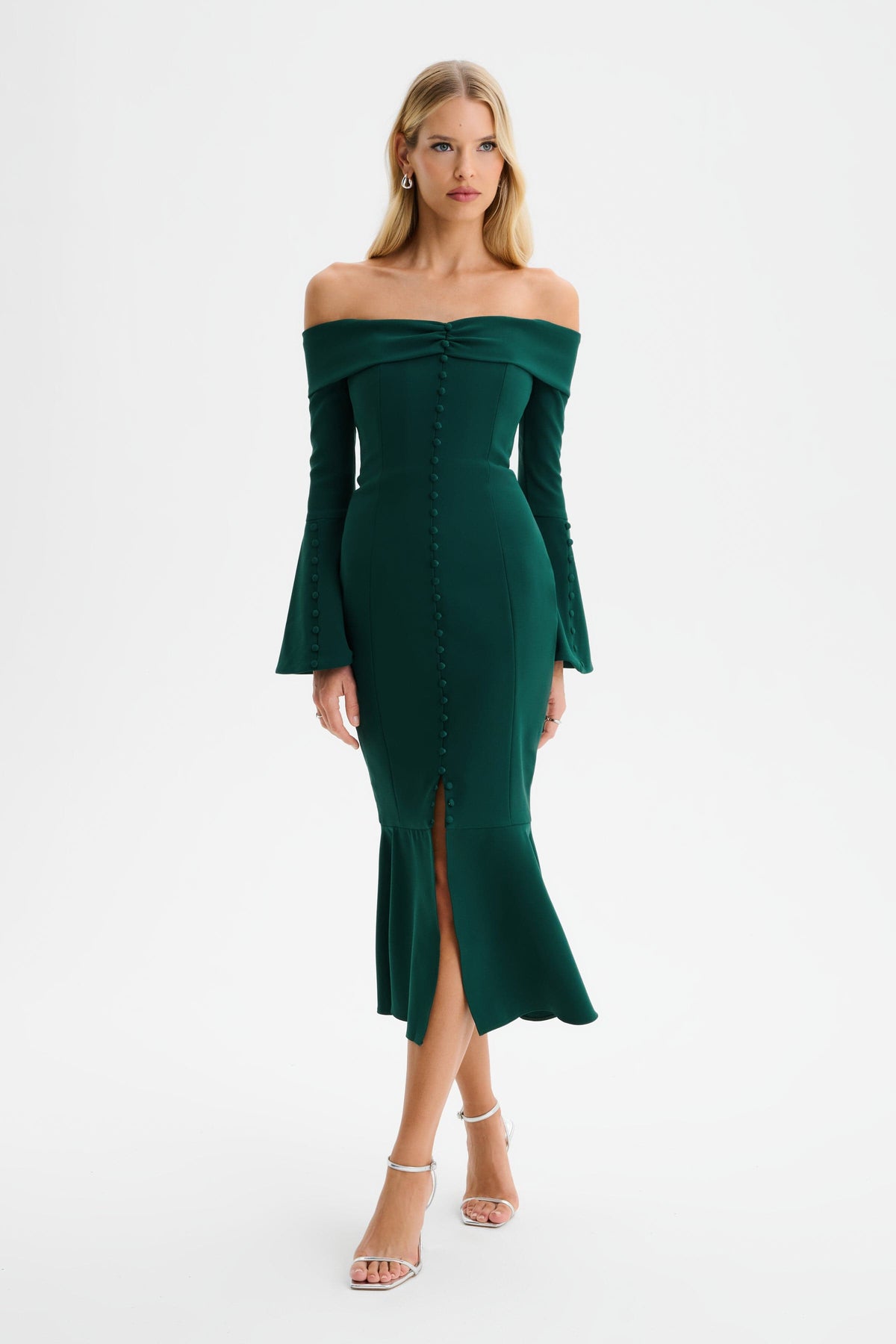 CIARA Bardot Midi Dress in Emerald Green Position 1