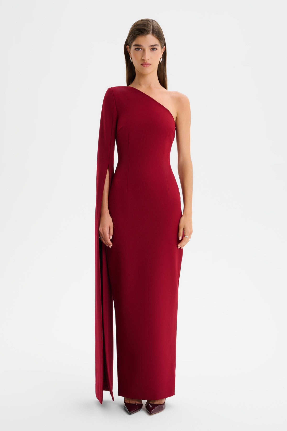 PHOEBE Cape Sleeve Maxi Dress in Burgundy Position 3