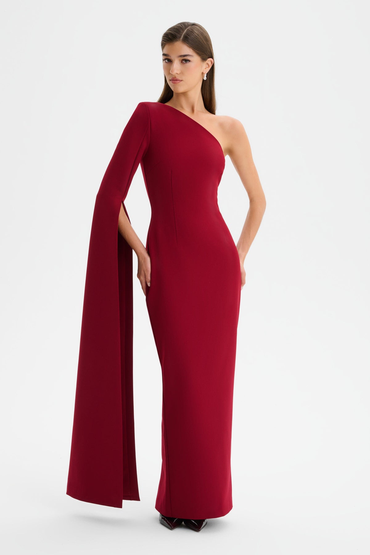 PHOEBE Cape Sleeve Maxi Dress in Burgundy Position 1
