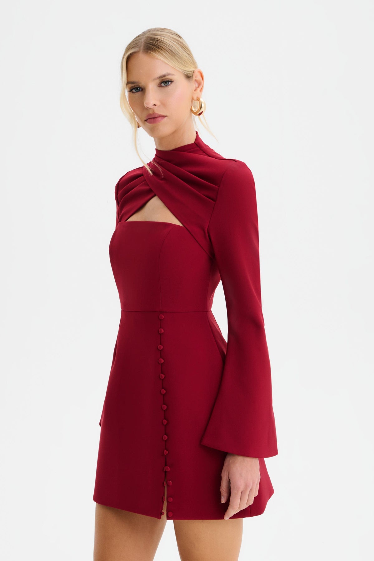 FIONA High Neck Mini Dress in Burgundy Position 3