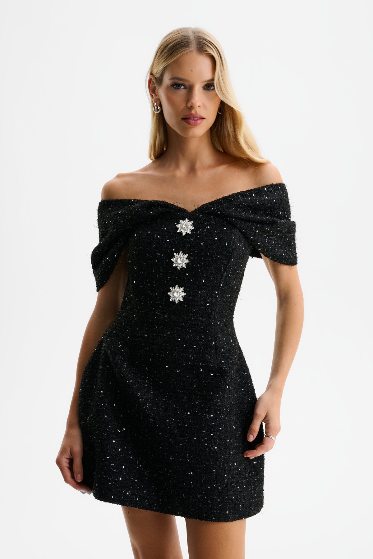 ARIELLA Sequin Boucle Mini Dress in Black Position 1