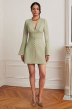 LARA V Neck Mini Dress in Sage Position 6