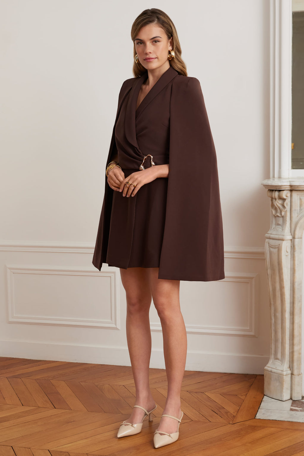 ALEXANDRA Cape Mini Dress in Brown Position 5