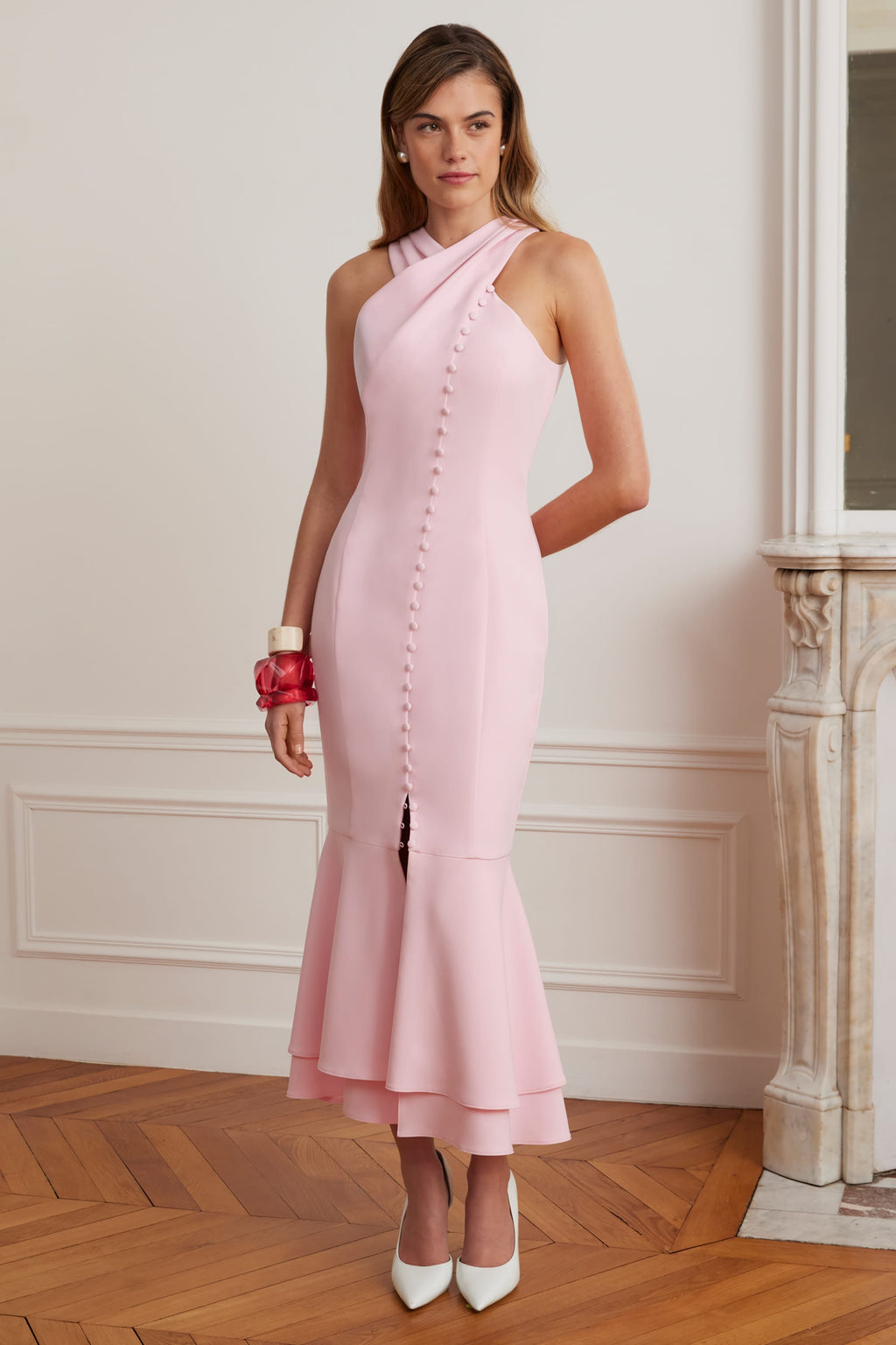 ALTHEA Halter Neck Midi Dress in Pink Position 1