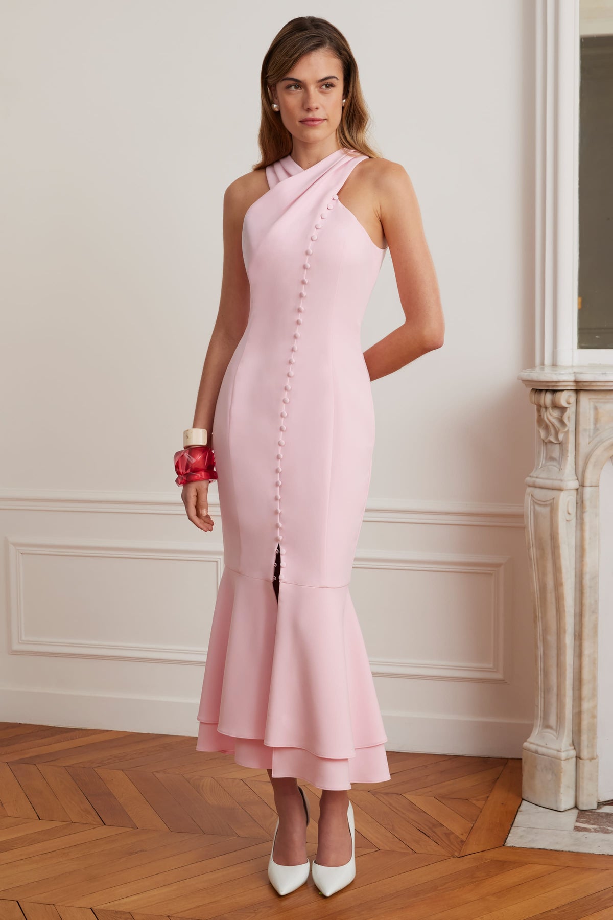 ALTHEA Halter Neck Midi Dress in Pink Position 1