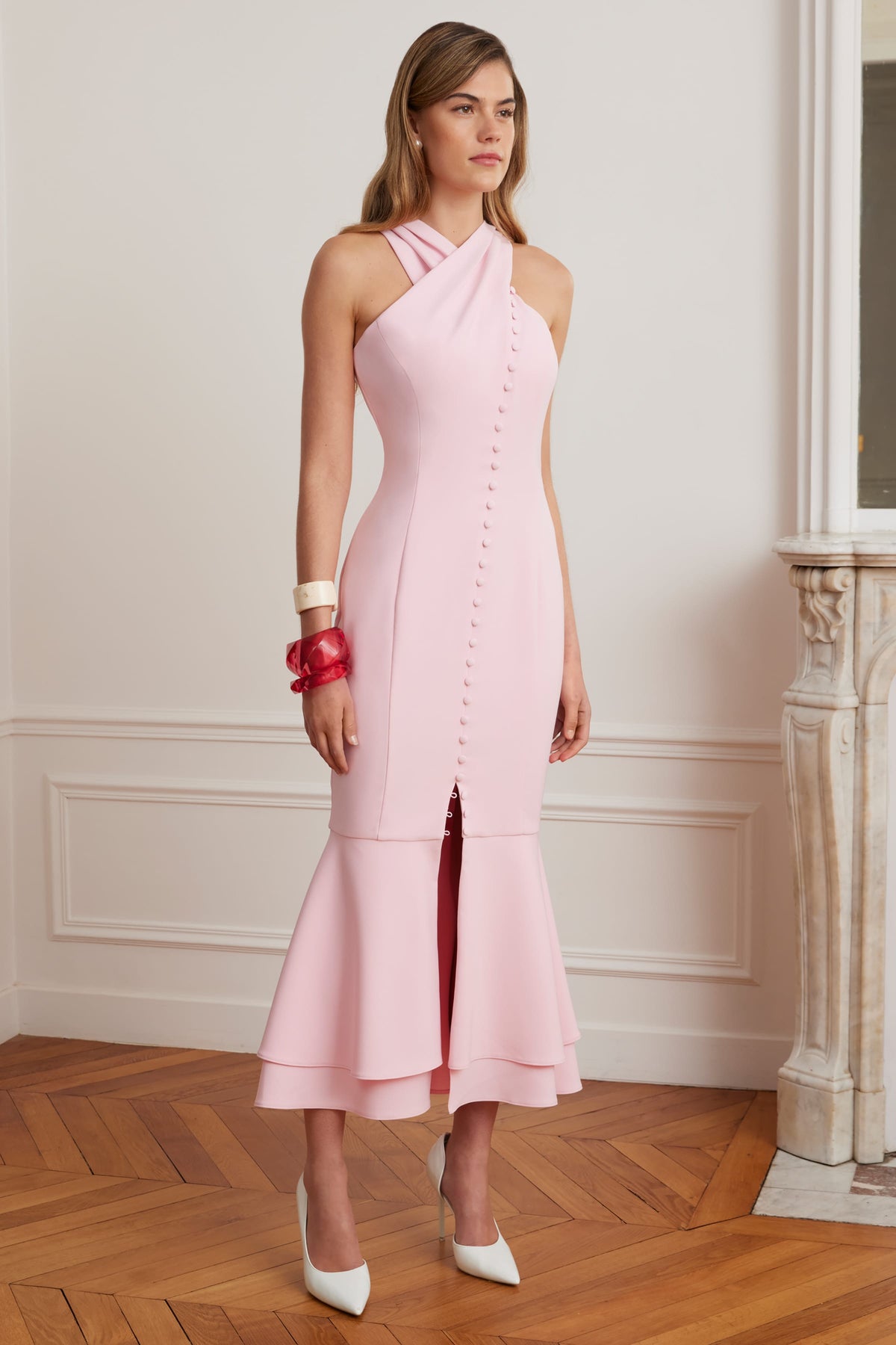 ALTHEA Halter Neck Midi Dress in Pink Position 3