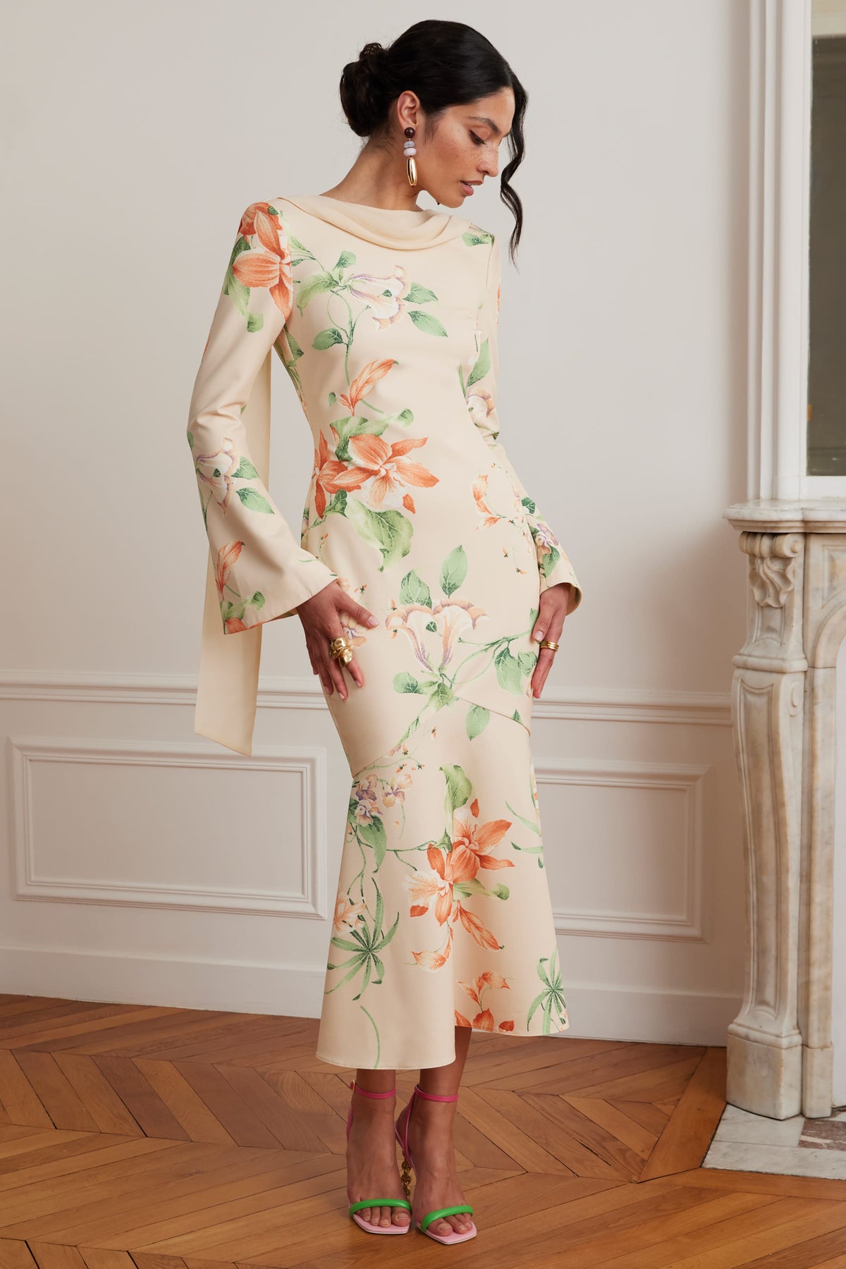 BROOKE Cowl Neck Midi Dress in Floral Print Position 1