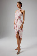 BRIELLE Satin Floral Midi Dress in Pink & White Position 1