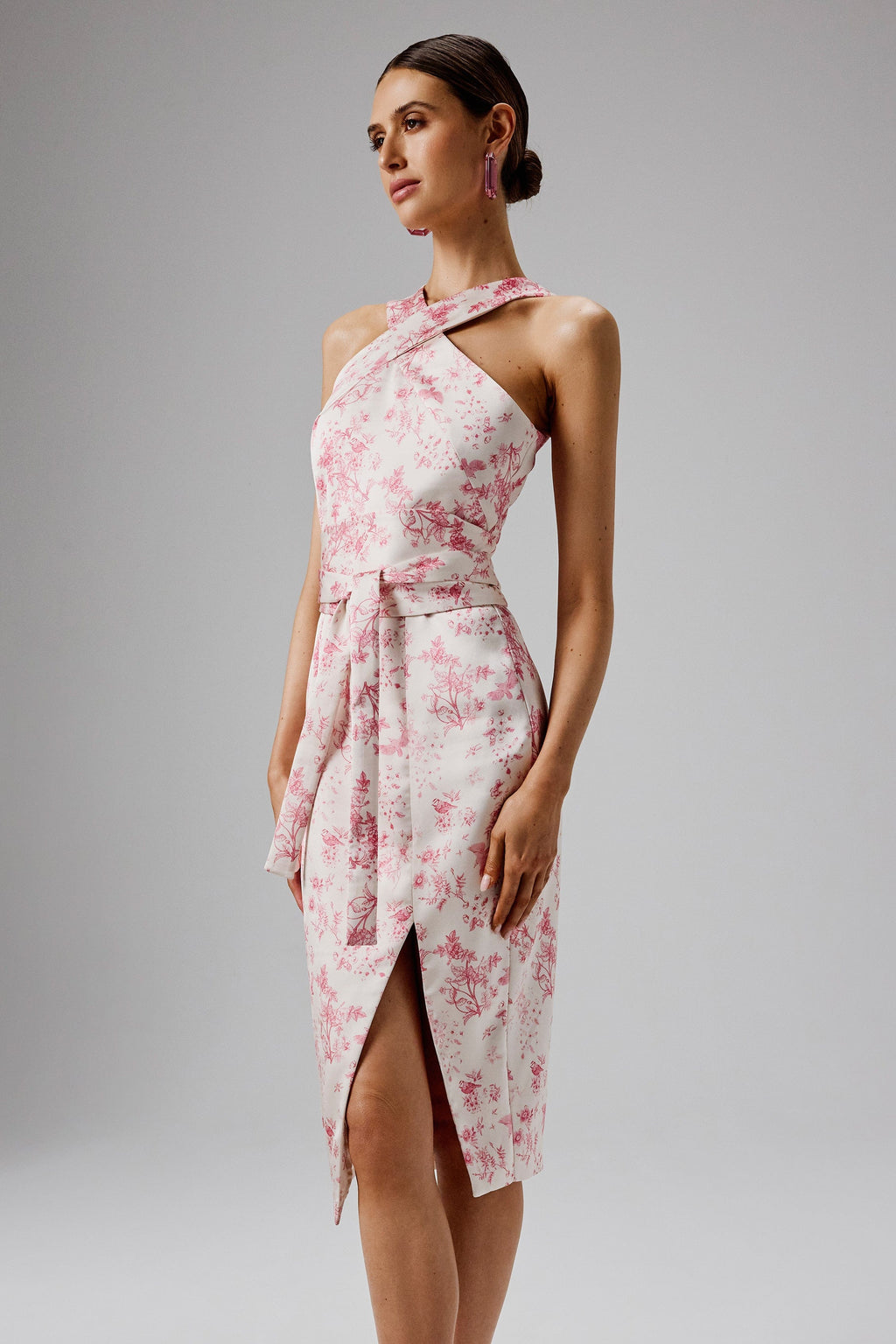 BRIELLE Satin Floral Midi Dress in Pink & White Position 2