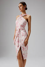 BRIELLE Satin Floral Midi Dress in Pink & White Position 2