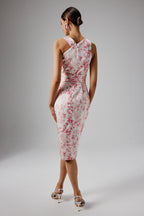 BRIELLE Satin Floral Midi Dress in Pink & White Position 5
