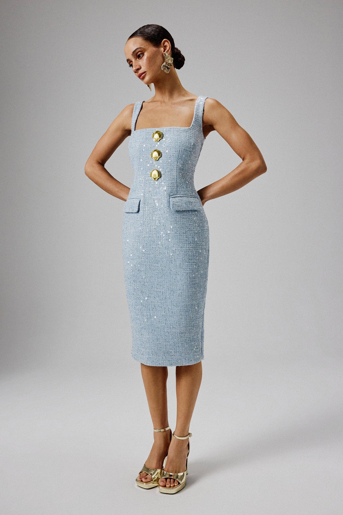 MARIE Square Neck Boucle Midi Dress in Blue Position 1