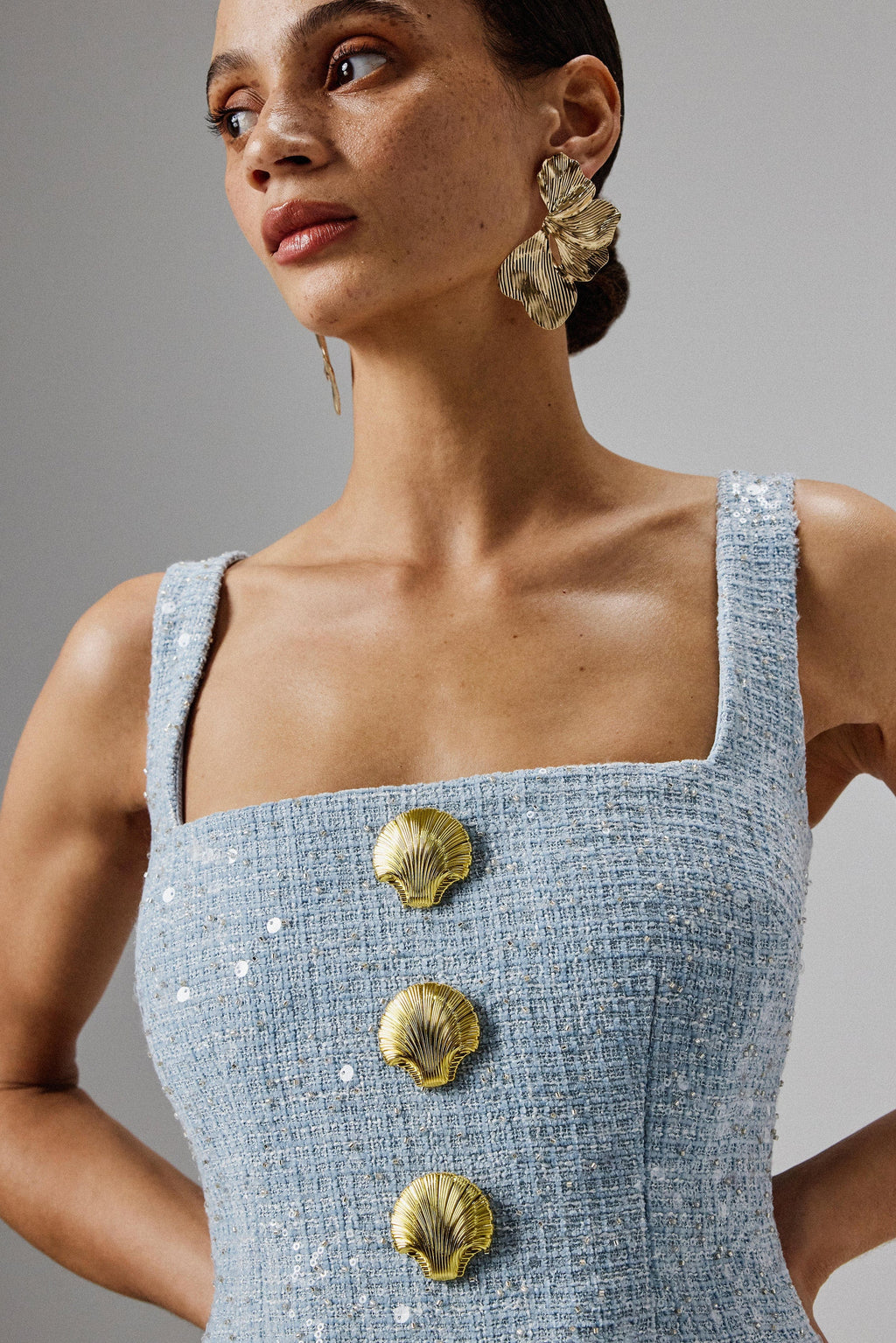 MARIE Square Neck Boucle Midi Dress in Blue Position 2
