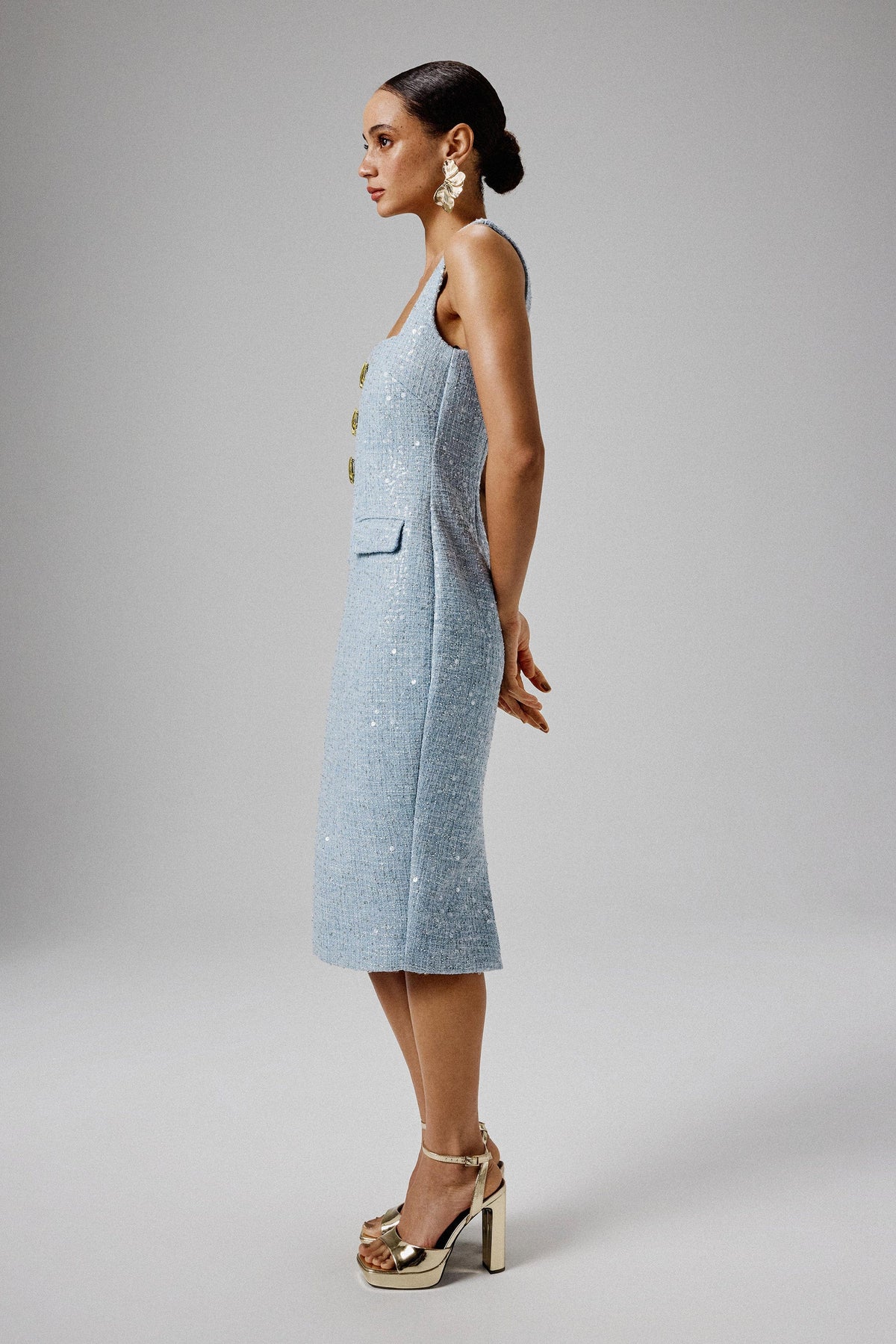 MARIE Square Neck Boucle Midi Dress in Blue Position 3
