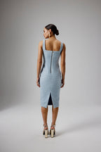 MARIE Square Neck Boucle Midi Dress in Blue Position 4