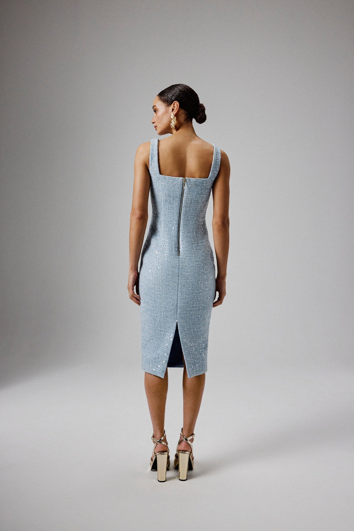 MARIE Square Neck Boucle Midi Dress in Blue Position 4