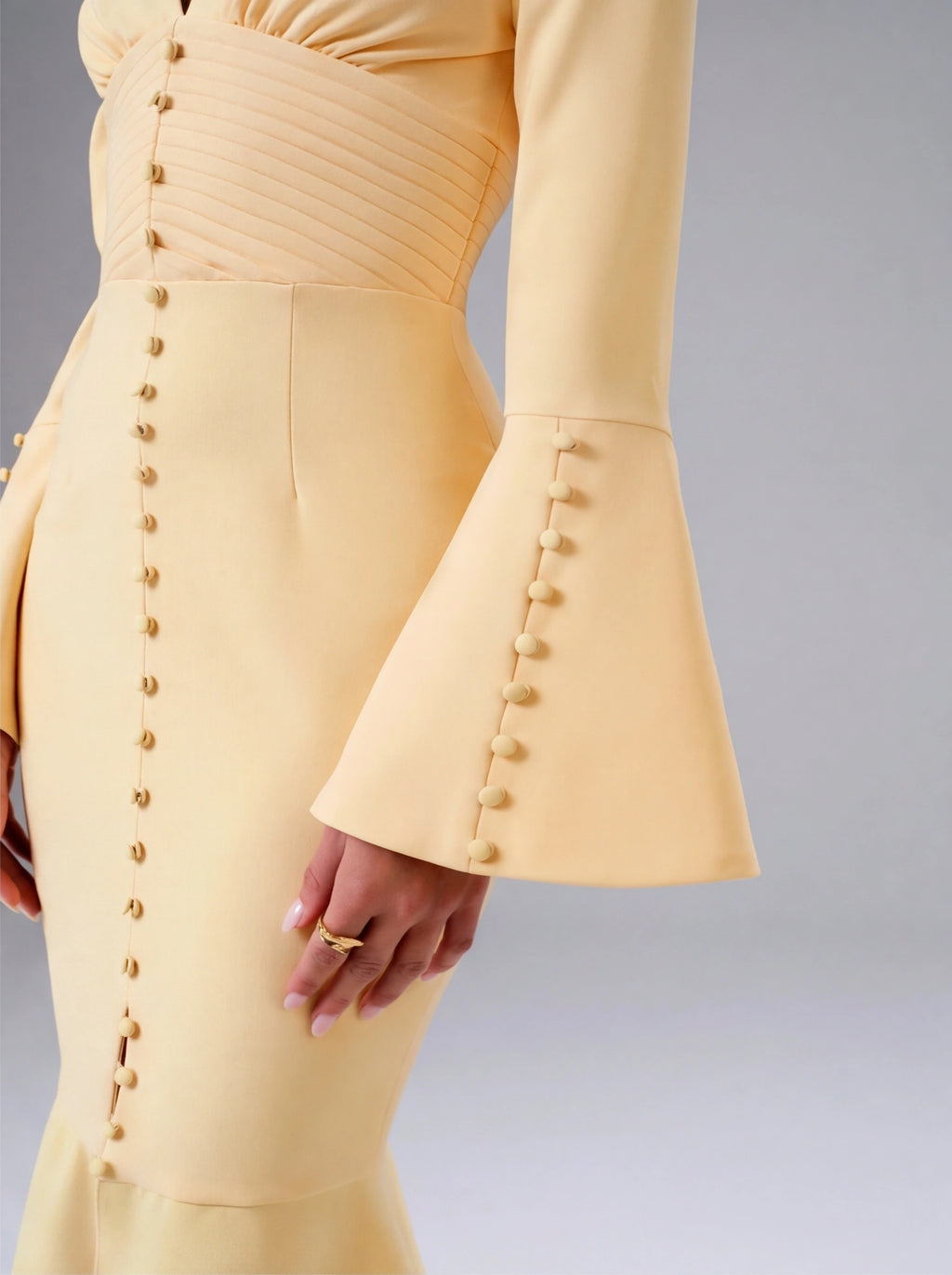 Avenyl Yellow Fluted Sleeve Midi Dress - Elegant & Chic Design